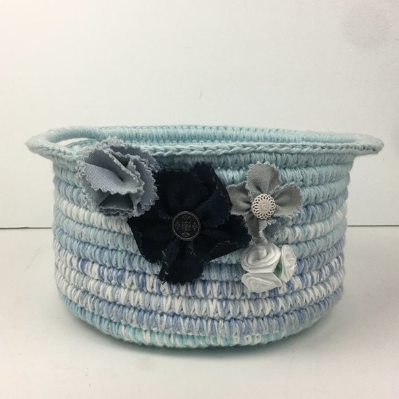 unbranded Other - Blue Yarn Rope Bowl‎ Handle Flowers Button Handmade